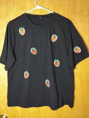 Ontwelfth Black T-Shirt with Beaded Strawberry  Appliques 1X